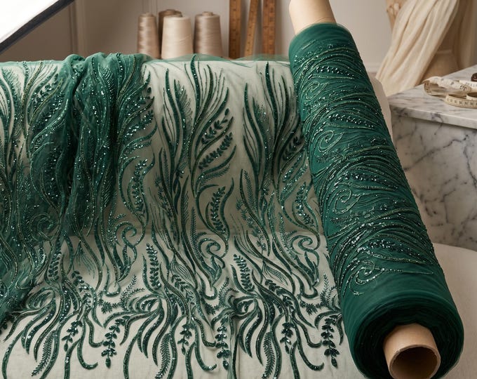 Hunter Green Feather Embroidered Beaded Lace Fabric By The Yard, Sequin Mesh Lace For Prom Dresses, Bridal Gowns & Couture Fashion