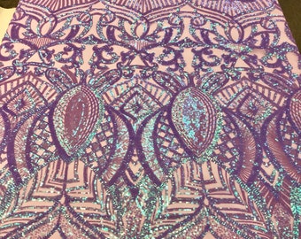 Lilac iridescent royalty design embroidery with sequins on a lilac 4 way stretch mesh-dresses-fashion-prom-nightgown-sold by the yard.