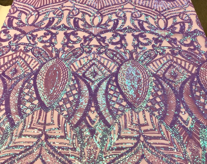 Lilac iridescent royalty design embroidery with sequins on a lilac 4 way stretch mesh-dresses-fashion-prom-nightgown-sold by the yard.
