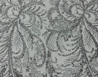 Silver Glitter Vine Design On A Mesh Lace Fabric/Prom.