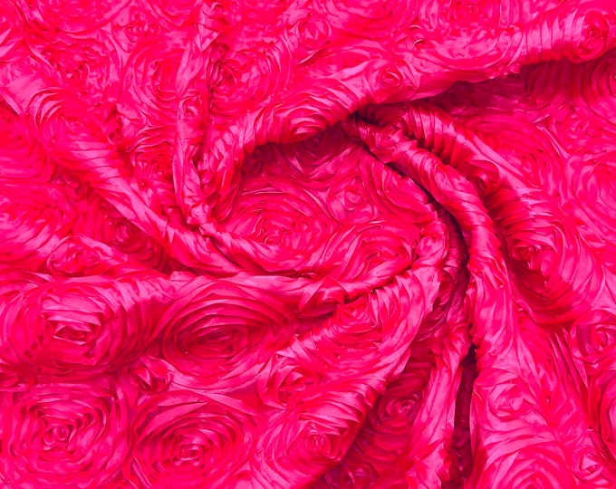Neon Pink 3D Rosette Embroidery Satin Rose Flowers  Floral on a satin Fabric by the yard.