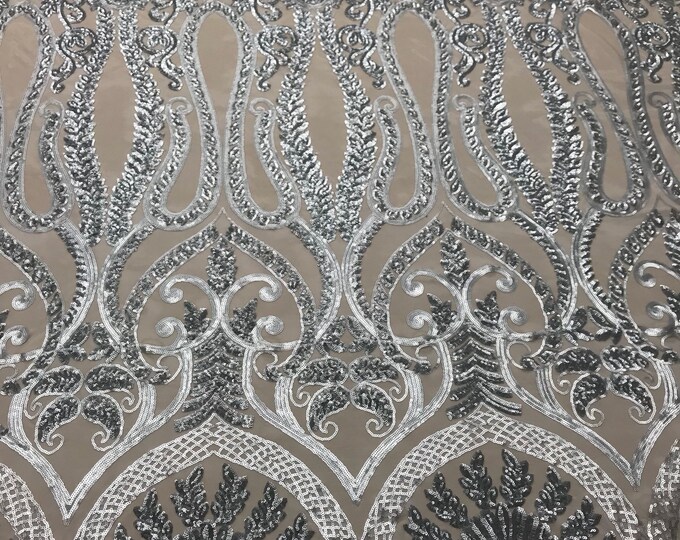 Gray diva design embroider with sequins on a nude 4 way stretch power mesh-dresses-fashion-apparel-prom-nightgown-sold by the yard.