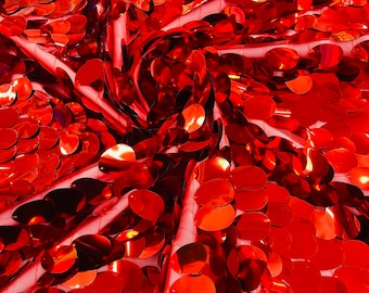 Red Jumbo Sequins Oval Sequin Paillette/Tear Drop Mermaid Big Sequins Fabric On Red Mesh/ 54 Inches Wide.