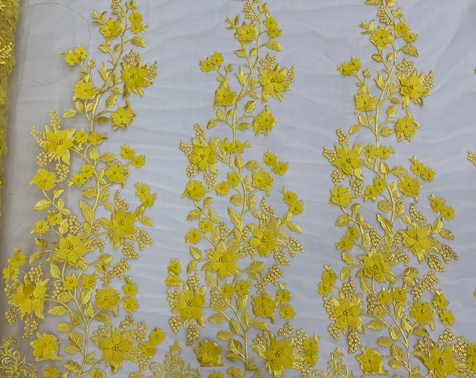 Yellow princess 3d floral design embroidery with pearls on a mesh lace-dresses-prom-nightgown-apparel-sold by the yard.