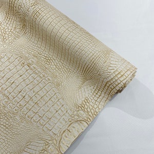 Beige/Gold Two Tone Metallic Gator Fake Leather Upholstery, 3-D Crocodile Skin Texture Faux Leather PVC Vinyl/54&quot; Wides