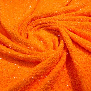 Bright Orange stretch velvet with luxury sequins all over 5mm shining sequins 2-way stretch, sold by the yard.