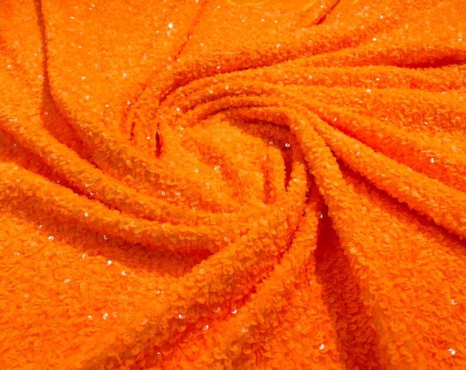 Bright Orange stretch velvet with luxury sequins all over 5mm shining sequins 2-way stretch, sold by the yard.