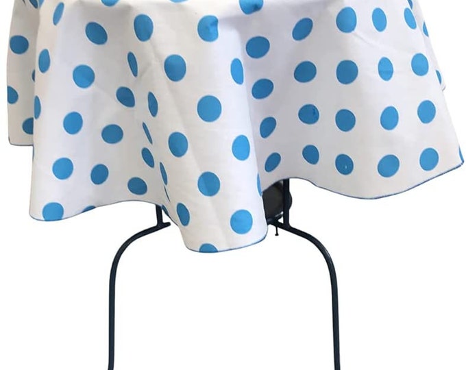 New Creations Fabric & Foam Inc, Round Poly Cotton Print Tablecloth (Polka Dot Turquoise on White. Choose Size Below