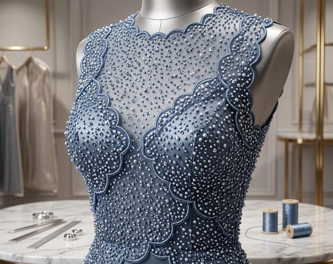 Steel Blue Luxury Beaded Mesh Fabric With Pearls & Sequins | Wedding Dress Lace By The Yard | Prom Gown Fabric