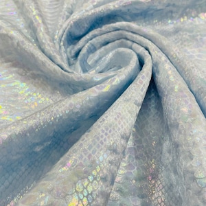 Light Blue iridescent Illusion foil Snake design on a stretch velvet fabric-Sold by the yard.