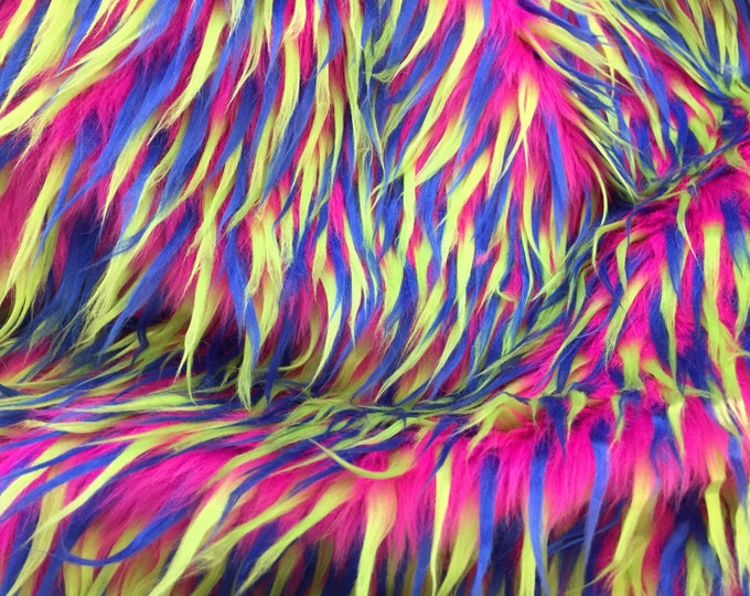 3 tone spikes faux fur- fuchsia/neon yellow/royal blue-Shaggy faux fur-fashion-decorations-apparel-throw blankets-sold by the yard.