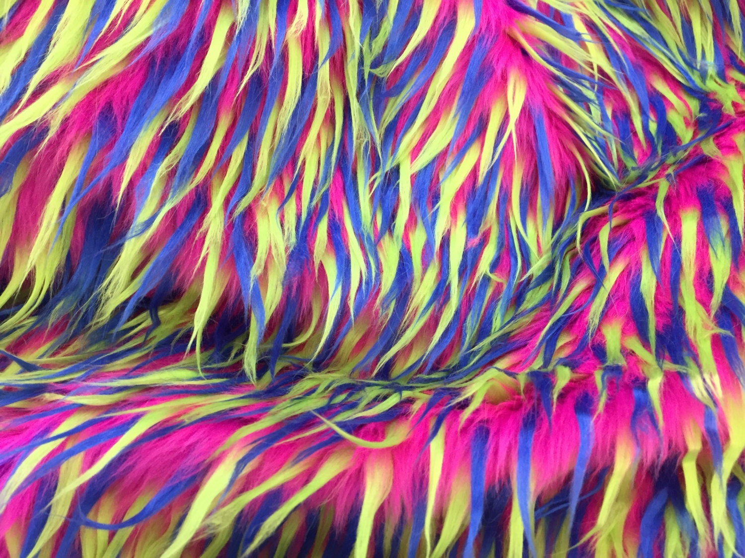 3 tone spikes faux fur- fuchsia/neon yellow/royal blue-Shaggy faux fur ...