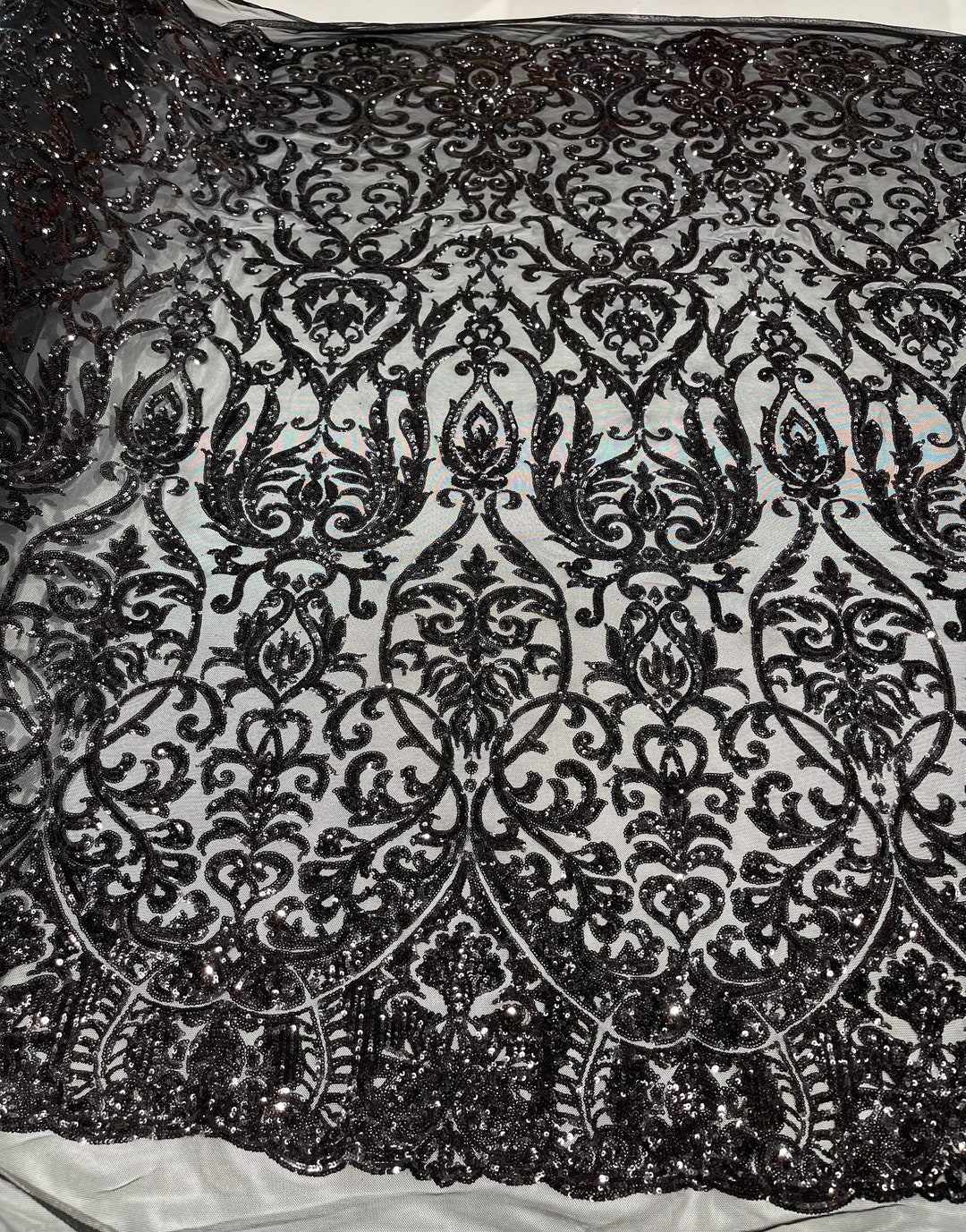 New Gold shiny sequin damask design on a Black 4 way stretch mesh-sold by the yard.