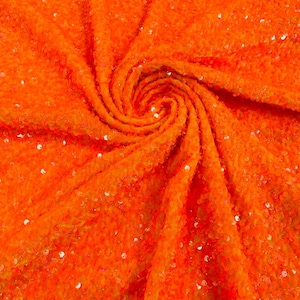 Orange Holographic stretch velvet with luxury sequins all over 5mm shining sequins 2-way stretch, sold by the yard.