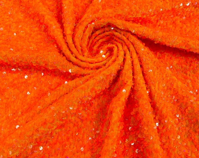 Orange Holographic stretch velvet with luxury sequins all over 5mm shining sequins 2-way stretch, sold by the yard.