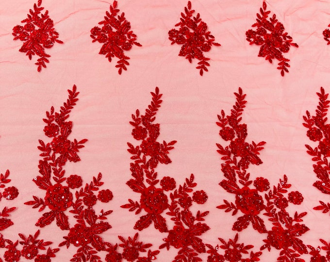 Red floral design embroider and beaded on a mesh lace fabric-Wedding/Bridal/Prom/Nightgown fabric.