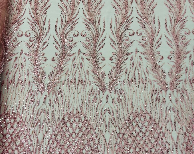 Dusty pink feathers damask embroider and heavy beaded on a mesh lace fabric-sold by the yard-