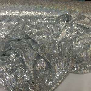 Silver-hologram mermaid fish scales-mini sequins embroider on a 2 way stretch mesh fabric-sold by the yard-