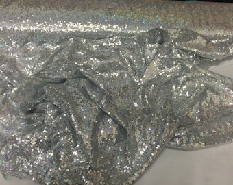 Silver-hologram mermaid fish scales-mini sequins embroider on a 2 way stretch mesh fabric-sold by the yard-