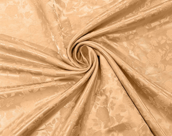 Khaki 60" Wide Polyester Roses/Flowers Brocade Jacquard Satin Fabric/Cosplay Costumes, Skirts, Table Linen/Sold By The Yard.