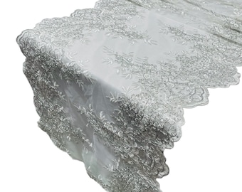 WHITE 14"Wide X 90"Long  Sequins Silver Metallic Embroidered Lace on Mesh Fabric, Trim Lace, Table Runner.