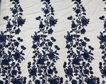 Navy blue princess 3d floral design embroider and beaded with pearls on a mesh lace-prom-nightgown-apparel-fashion-dresses-sold by yard.