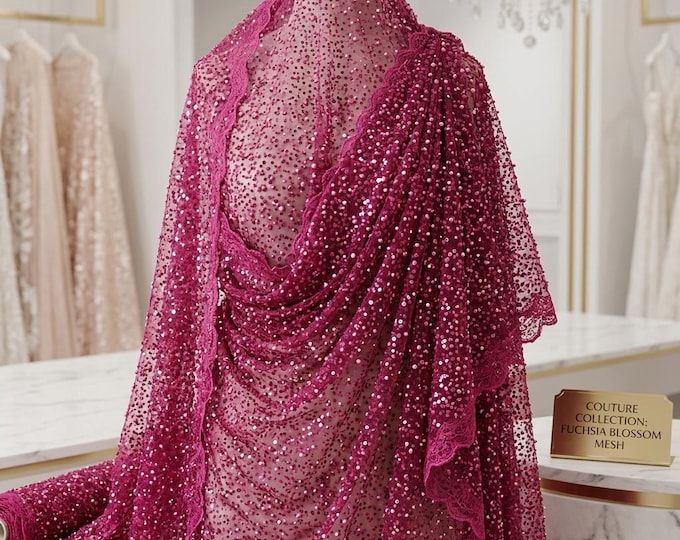 Fuchsia Luxury Beaded Mesh Fabric With Pearls & Sequins | Wedding Dress Lace By The Yard | Prom Gown Fabric