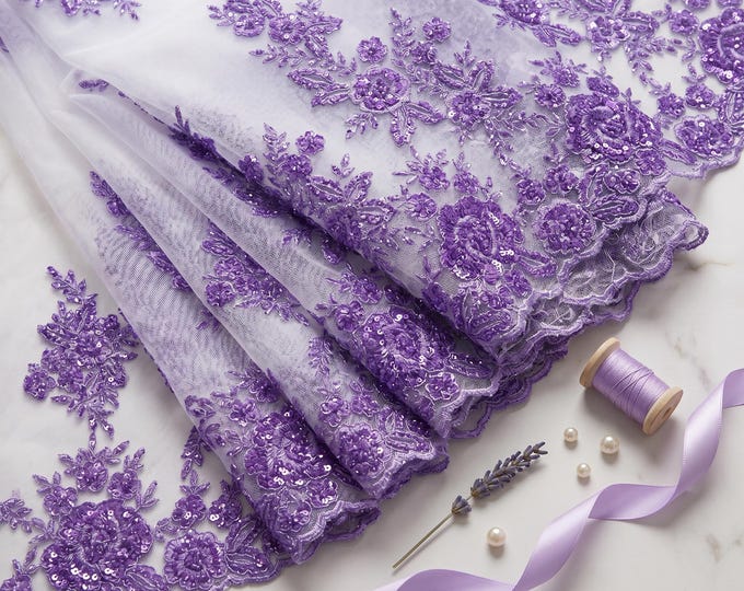 Lavender Beaded Floral Lace Fabric By The Yard, Embroidered Mesh Bridal Lace For Wedding Dresses, Prom Gowns & Couture Fashion