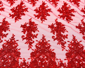 Red flower lace corded and embroider with sequins on a mesh-Sold by the yard.