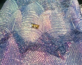 NEW!! Lavender iridescent fringe sequins design on a 4 way stretch nude mesh fabric-prom-nightgown-sold by the yard-free shipping in the USA