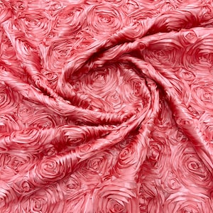 Dusty Rose 3D Rosette Embroidery Satin Rose Flowers  Floral on a satin Fabric by the yard.