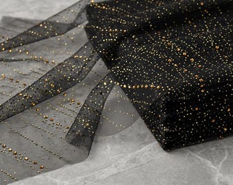 Black Gold Glitter Power Mesh Fabric Stretch Nylon Spandex Sheer Sparkle Mesh Fabric 60 Inch Wide Bridal Evening Dress Fabric by the Yard