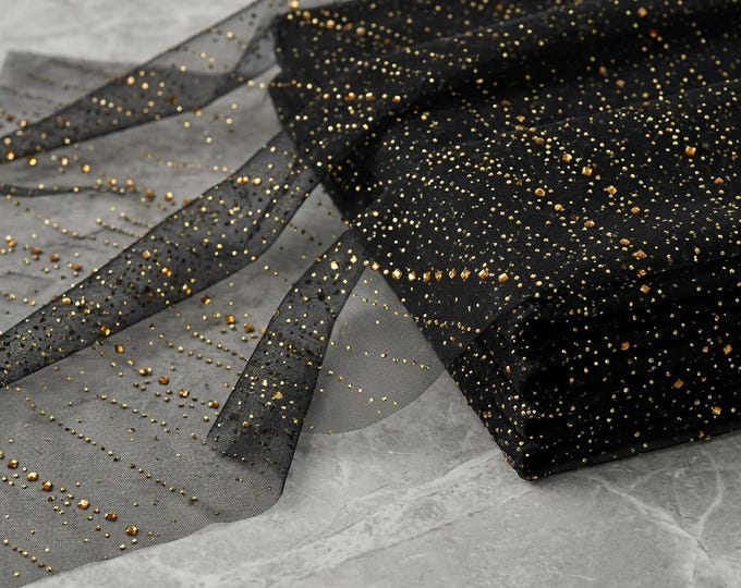 Black Gold Glitter Power Mesh Fabric Stretch Nylon Spandex Sheer Sparkle Mesh Fabric 60 Inch Wide Bridal Evening Dress Fabric by the Yard