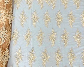 Blush flower damask embroider with sequins and heavy beaded on a mesh lace fabric-sold by the yard.