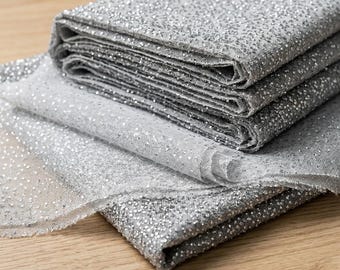 Silver Rhinestone Mesh Fabric 60” Wide | Sheer Stretch Glitter Crystal Mesh by Yard | Sparkle Fabric for Wedding Dress Dance Costume