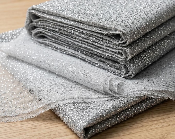 Silver Rhinestone Mesh Fabric 60” Wide | Sheer Stretch Glitter Crystal Mesh by Yard | Sparkle Fabric for Wedding Dress Dance Costume
