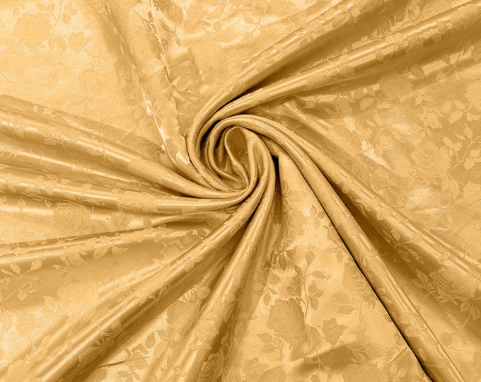 Gold 60" Wide Polyester Roses/Flowers Brocade Jacquard Satin Fabric/Cosplay Costumes, Skirts, Table Linen/Sold By The Yard.