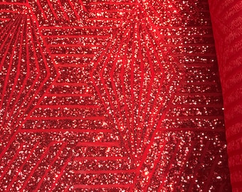 Red sequins geometric design embroider on a red 4 way Stretch power mesh-dresses-fashion-prom-apparel-nightgown-sold by the yard.