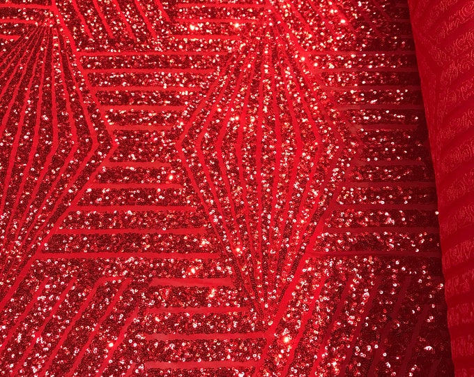 Red sequins geometric design embroider on a red 4 way Stretch power mesh-dresses-fashion-prom-apparel-nightgown-sold by the yard.