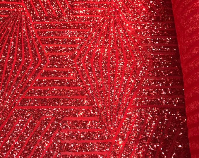 Red sequins geometric design embroider on a red 4 way Stretch power mesh-dresses-fashion-prom-apparel-nightgown-sold by the yard.