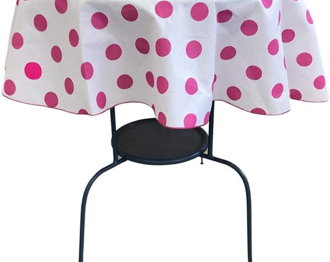 New Creations Fabric & Foam Inc, Round Poly Cotton Print Tablecloth (Polka Dot Fuchsia on White. Choose Size Below
