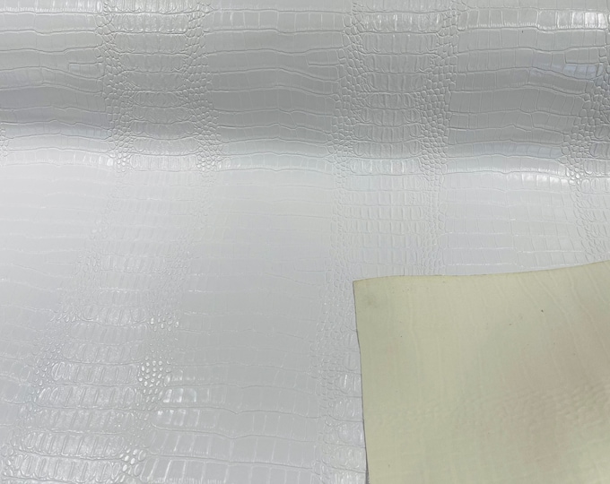 White 53/54" Wide Gator Fake Leather Upholstery, 3-D Crocodile Skin Texture Faux Leather PVC Vinyl Fabric Sold By The Yard.