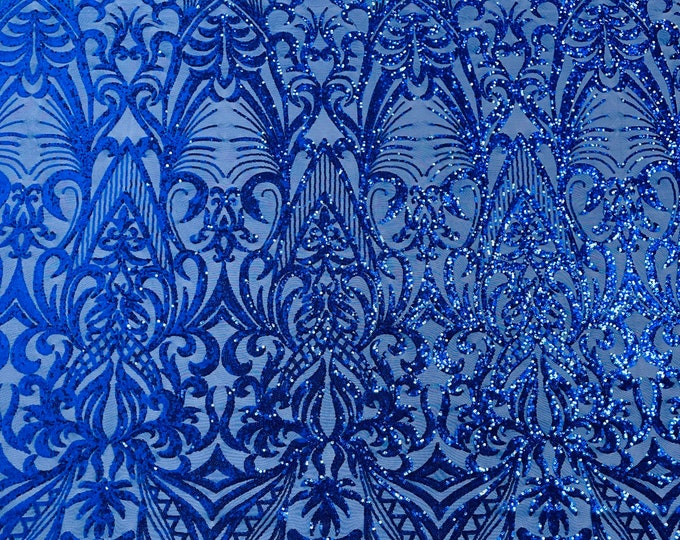 Royal blue sequin damask design on a 4 way stretch mesh fabric-prom-sold by the yard.