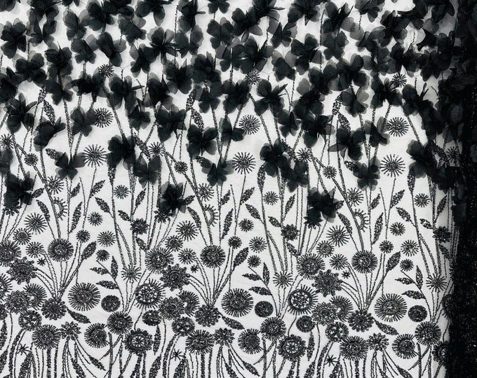Black - Luxury 3D Floral/Butterfly Beaded lace, by The Yard.