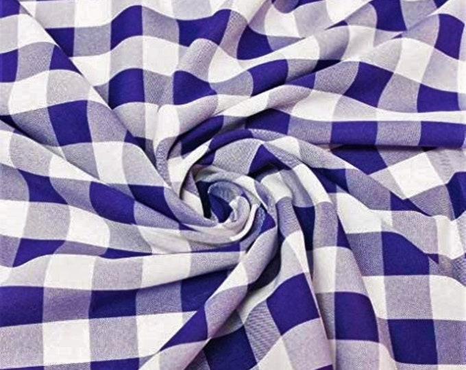 Purple & White, 60" Wide 100% Polyester 1" Poplin Gingham Checkered Plaid Fabric.