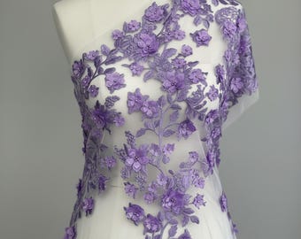 3D Princess Floral Lace Fabric, Lavender Embroidered Mesh with Pearls, 54" Wide