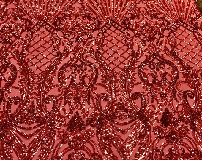 Red iridescent damask sequin design on a 4 way stretch mesh-dresses-prom-nightgown-sold by the yard-free shipping in the USA-