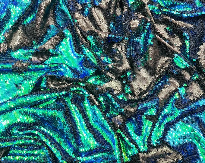 Green iridescent Reversible Color Changing Sequin Fabric| 54" Wide| Stretch Polyester Spandex.