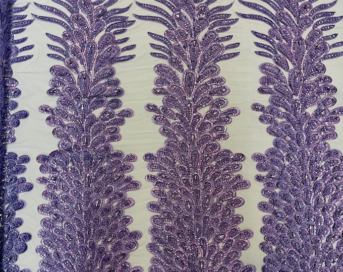 New Vegas heavy beaded feather design embroidery on a mesh fabric-Sold by the panel- Lavender