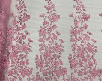 Candy pink princess 3d floral design embroider with pearls on a mesh lace-prom-nightgown -fashion-apparel-sold by the yard.